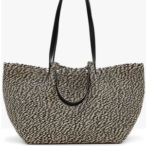 AllSaints Woven Raffia Tote Bag Black & Natural w/ Leather Straps + Pouch